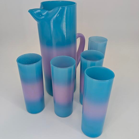 Blendo Bermuda Twist Pitcher Set Blue Purple Glass VTG 1950 Blenko West Virginia - Picture 9 of 10